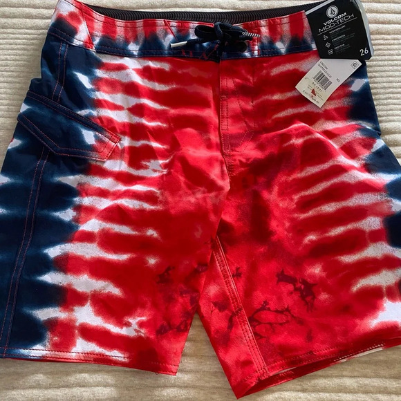 Volcom Boys Swim Board Bathing Trunks red whit blue NEW size 12 - Picture 1 of 9